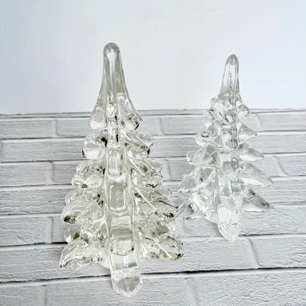Vtg Clear Art Glass Christmas Tree Figurines Set of 2 Hand Blown 6